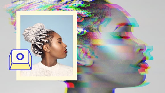 Woman shown before and after using Glitch effect photo editing shortcut in BeFunky