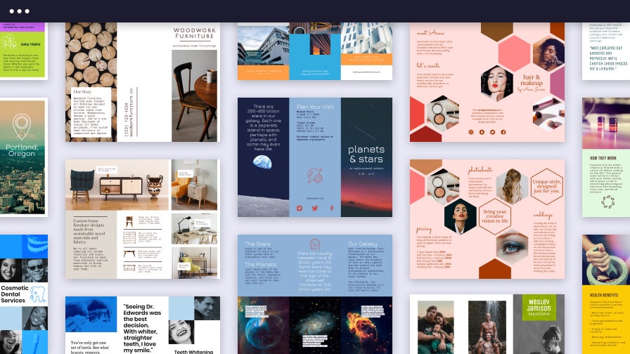 Collage of colorful brochure maker designs including makeup services, space-themed exhibits, dental advertisements, and other business promotions