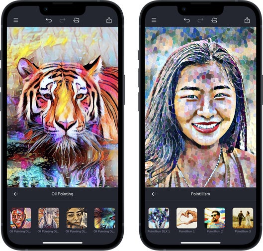 BeFunky mobile app UI displaying portraits with pointillism and oil painting effects