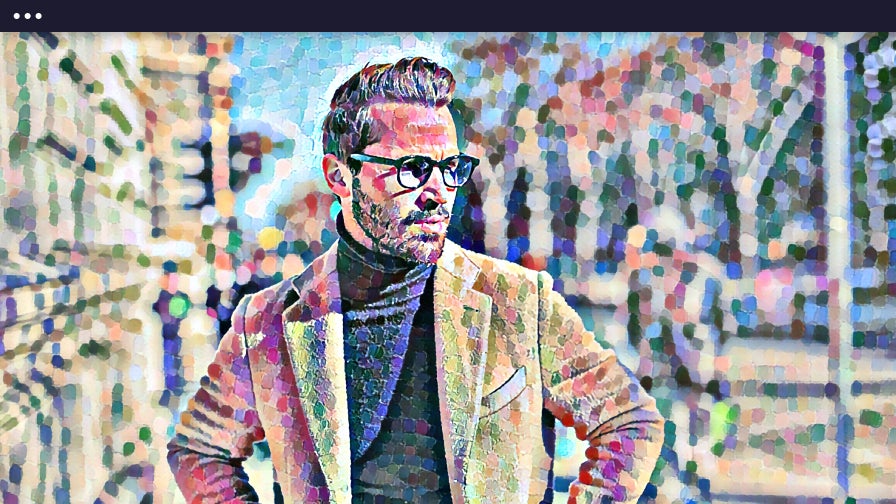 Portrait of a man in a city street stylized with a pointillism effect