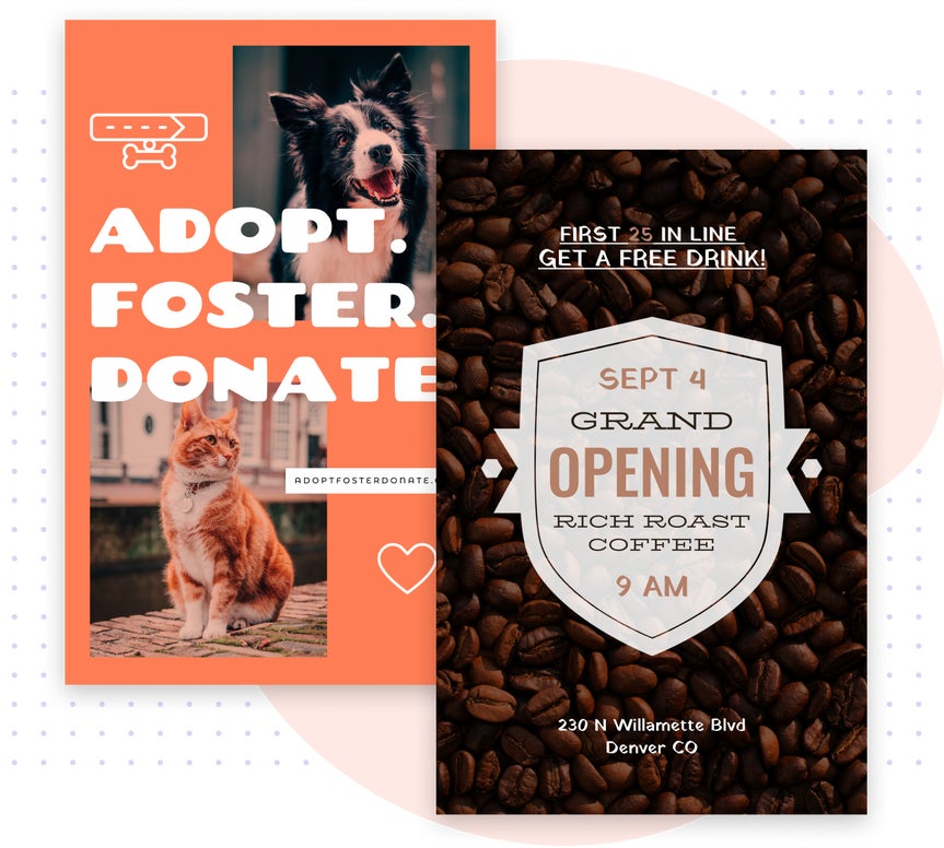 Side-by-side poster maker designs for a pet adoption campaign and a coffee shop grand opening event