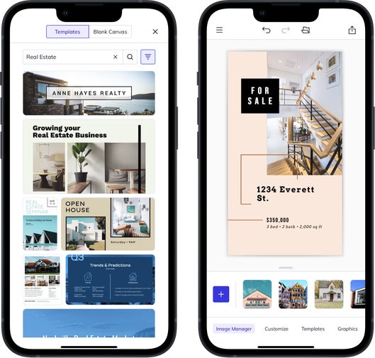 Real estate marketing templates displayed on mobile design app interface