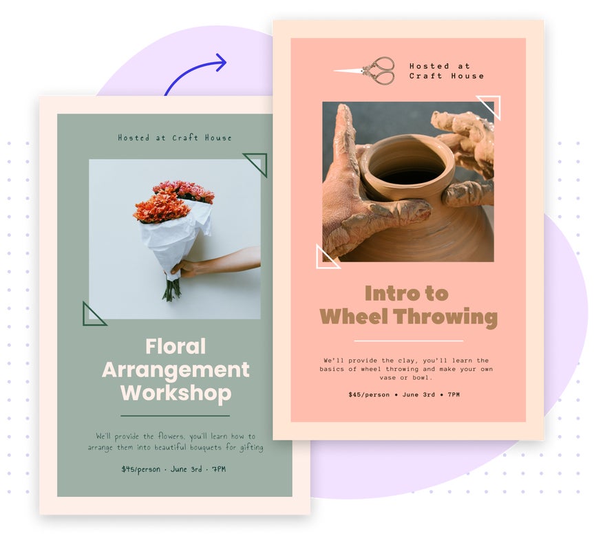 Workshop posters for floral arranging and pottery, shown as before and after edits in poster maker