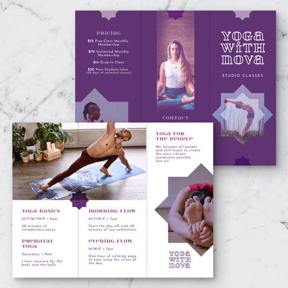 Wellness brochure maker design with yoga studio offerings in a purple and white palette