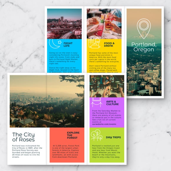 Travel brochure maker template featuring Portland highlights in bright color blocks