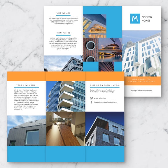 Brochure maker design showing modern real estate listings in a clean blue-orange layout