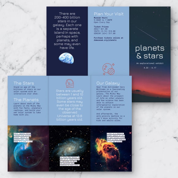 Educational brochure maker layout with astronomy facts and galaxy visuals