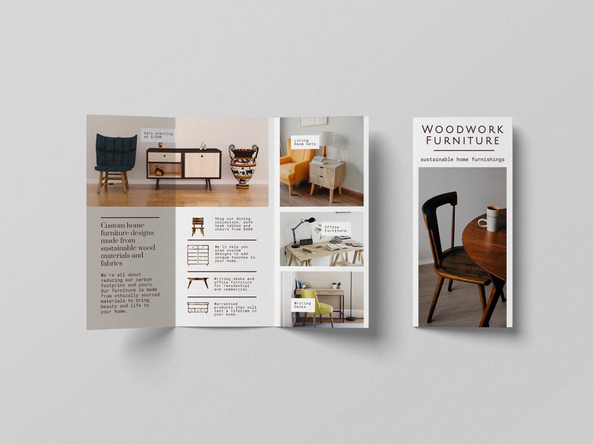 Tri-fold wood furniture layout created using brochure maker for a clean product showcase