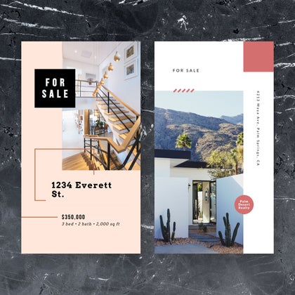 Real estate social story templates showcasing homes for sale with price, photos, and address

