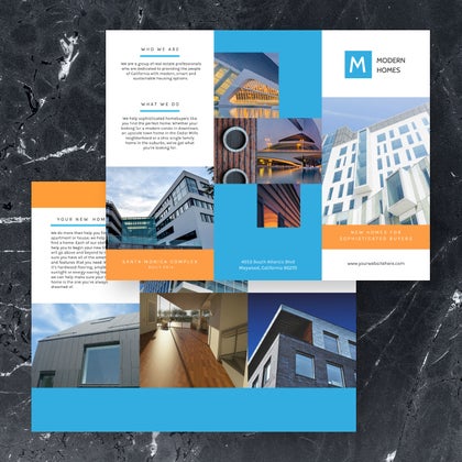 Real estate brochure template with modern architecture photos and company details