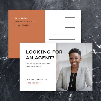 Real estate postcard template featuring a smiling agent and contact information