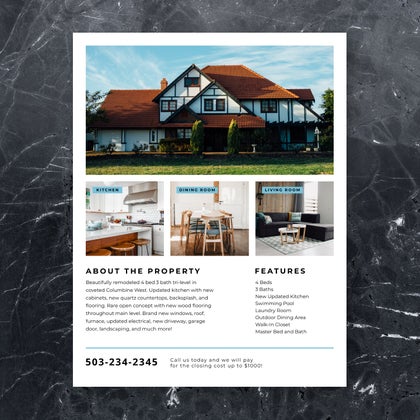 Real estate flyer template showing a house, interior photos, and property features
