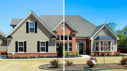 Real estate photo showing a house with before and after ai image enhancer