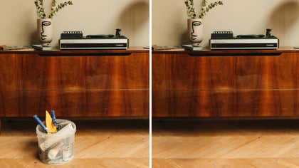 Real estate photo edited with object eraser to remove clutter from a stylish room interior