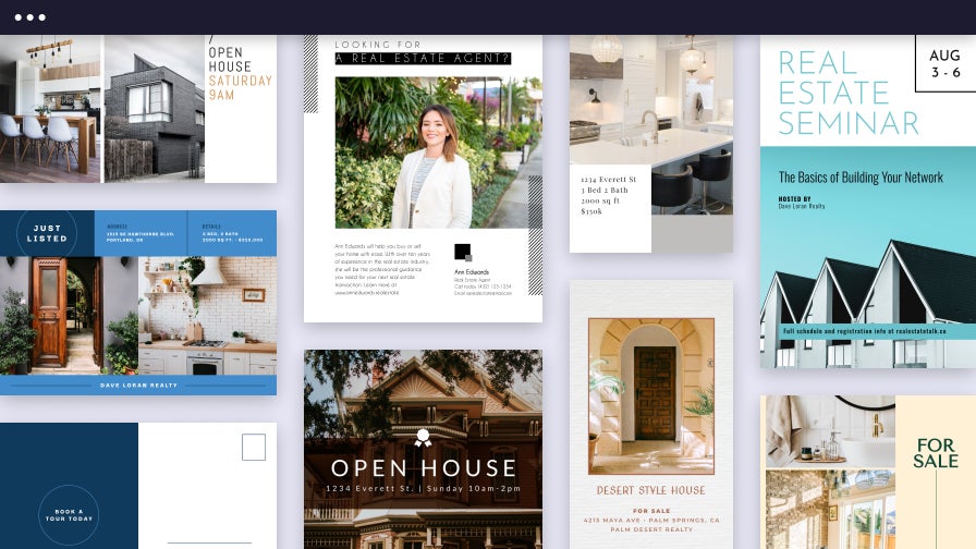multiple real estate design templates for listings, agents, and open houses