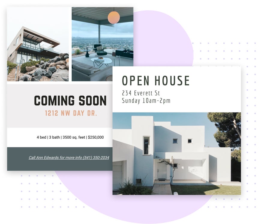 Real estate flyer and instagram post featuring a modern home coming soon and an open house event announcement