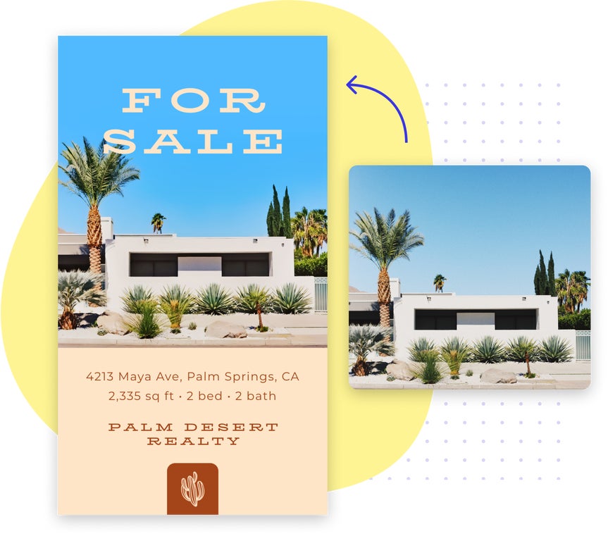 Real estate social story template showing original and edited images of a Palm Springs home for sale