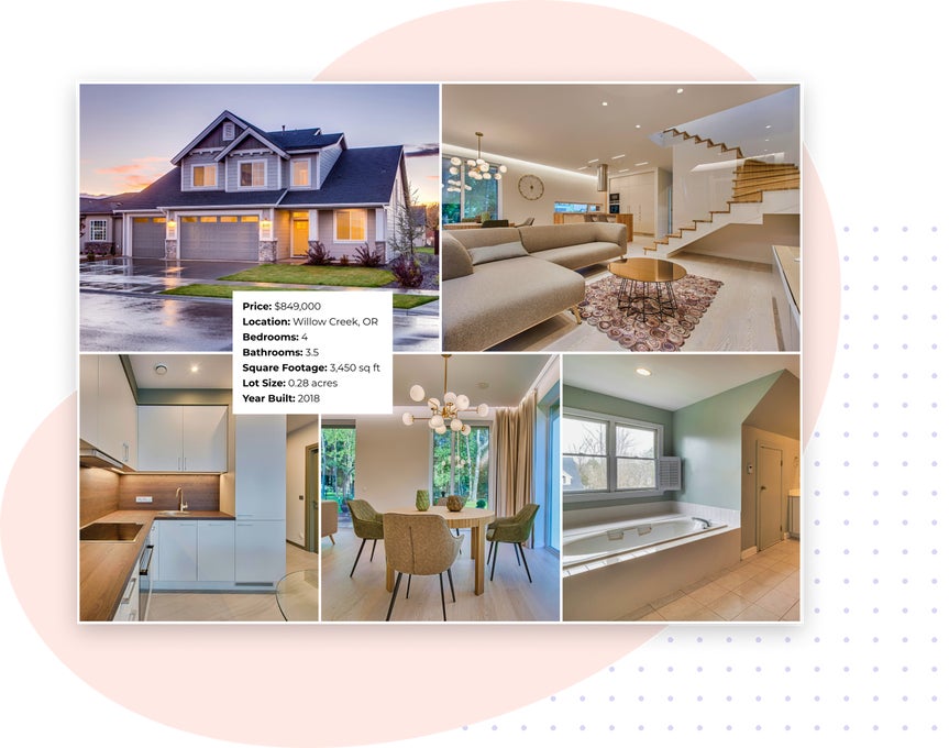 Real estate listing collage showing a home’s exterior, interiors, and key property details
