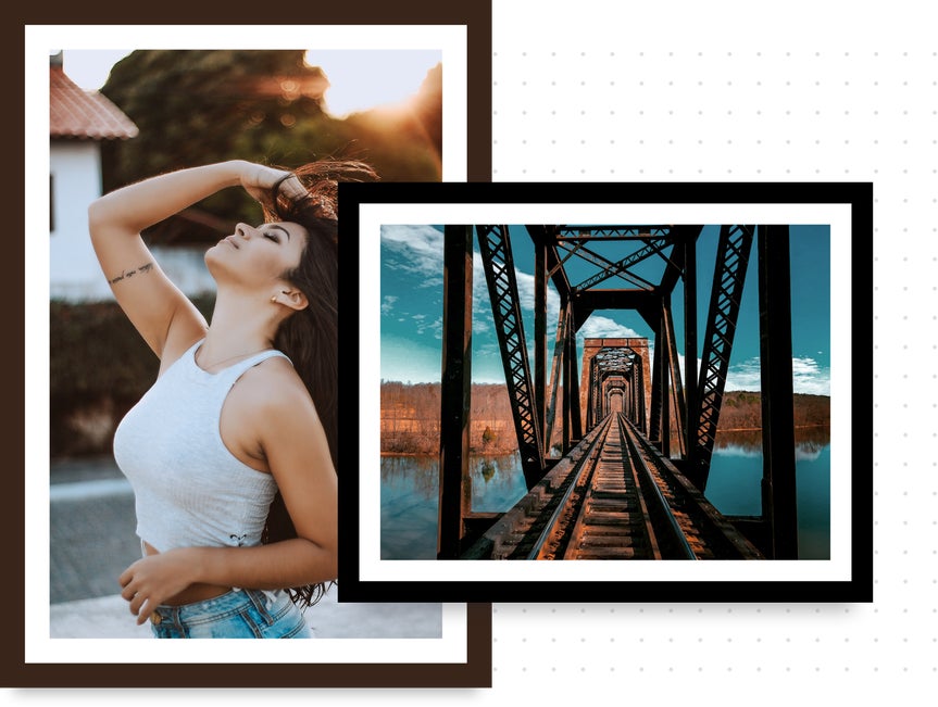 Image of woman and bridge with black and white frame applied 