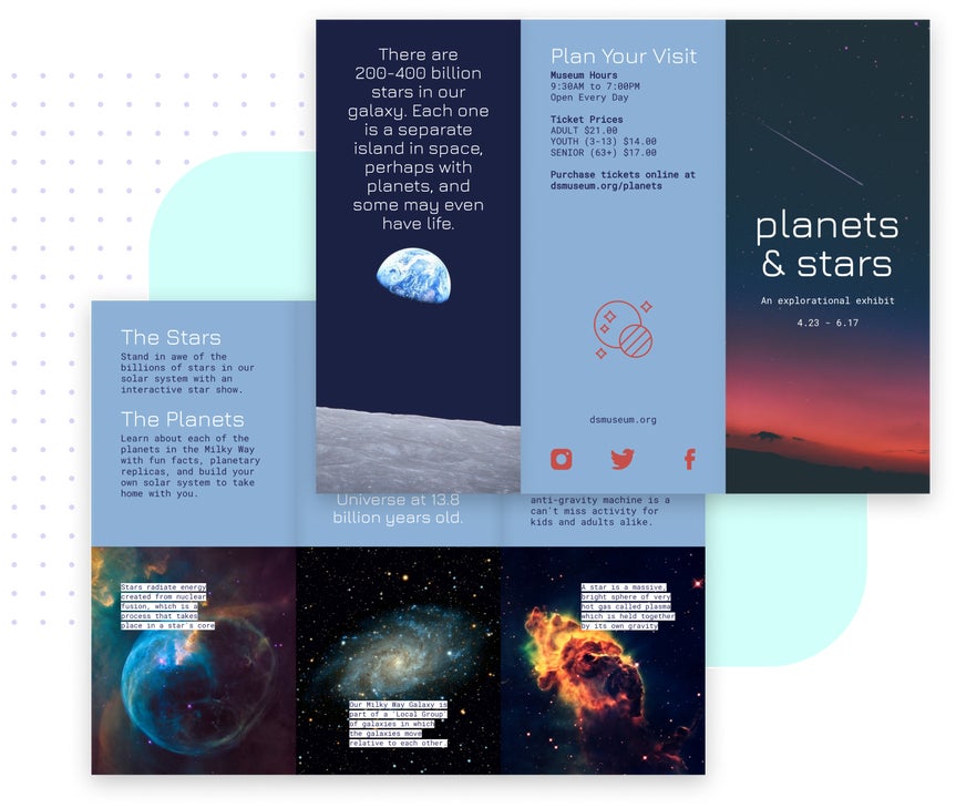 Brochure Maker Side-by-side designs of front and back of space-themed exhibit brochure