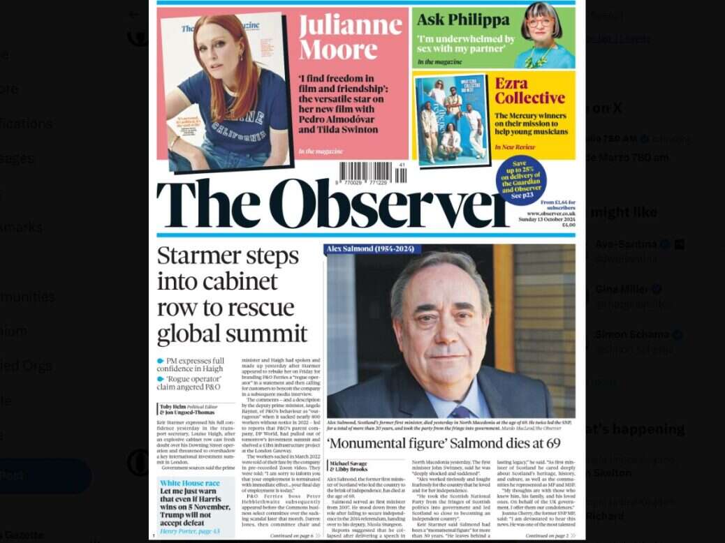 Observer front page, October 2024, illustrating news that Guardian and Observer journalists have overwhelmingly voted in favour of a strike in an indicative ballot.