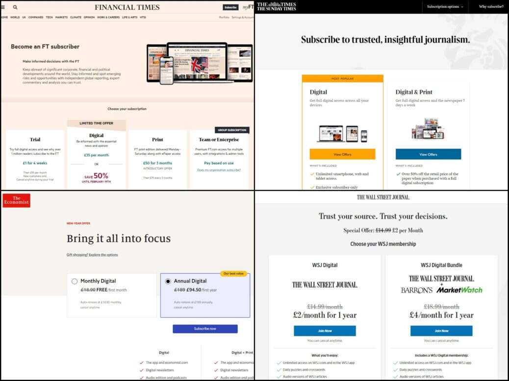 Digital news subscriptions sign-up pages