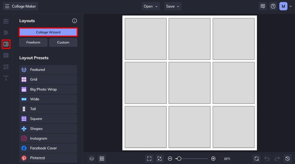 Screenshot of BeFunky’s Collage Maker showing empty layout grid under “Layouts” tab