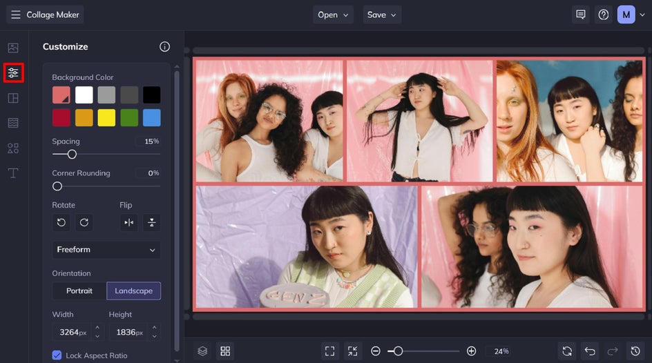 BeFunky Collage Maker with Customize tab open showing spacing, background, and corner rounding tools
