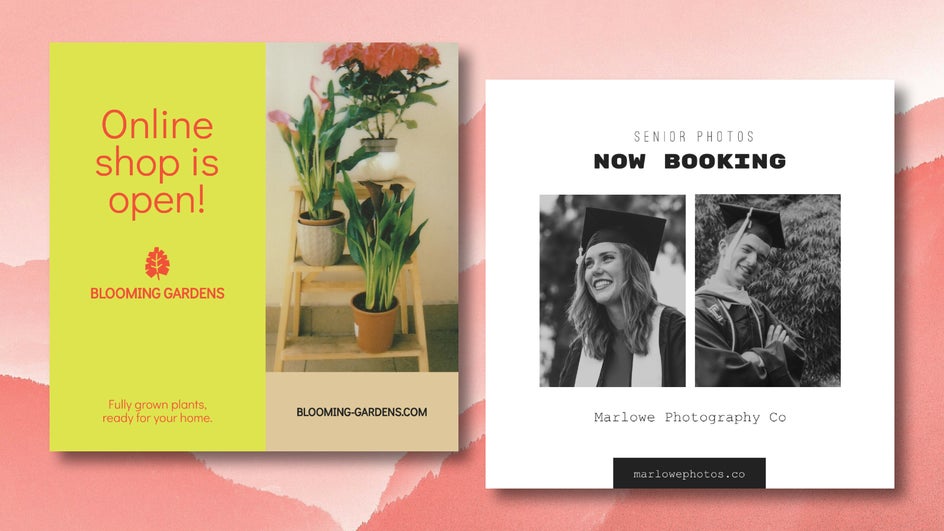 Instagram post templates with announcements for bookings and online shop