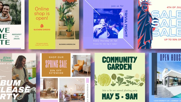 Instagram post templates arranged in a variety of colors and themes