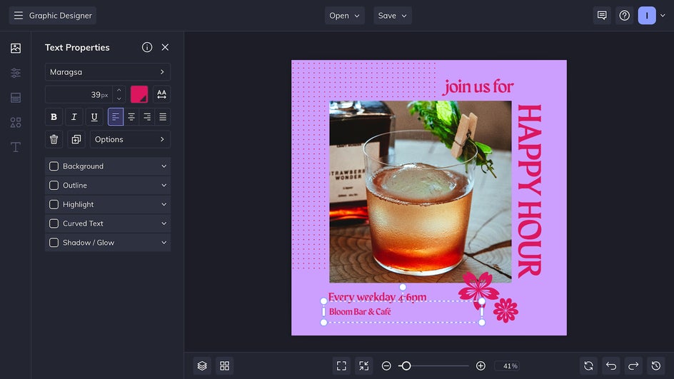 text properties menu for Instagram post customization