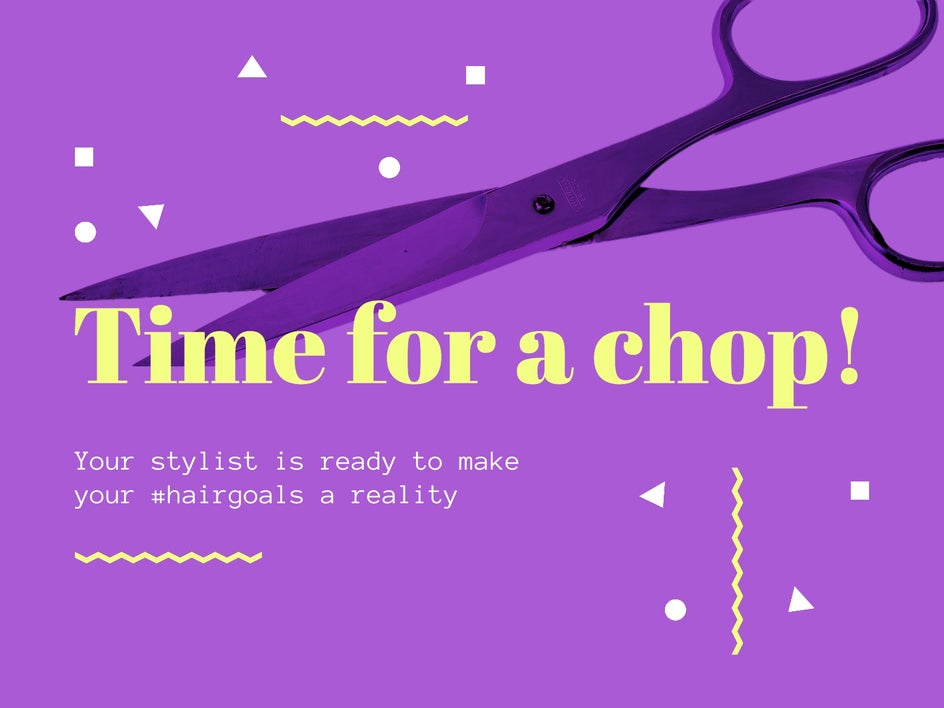 time for a chop – haircut appointment postcard with cutout scissors