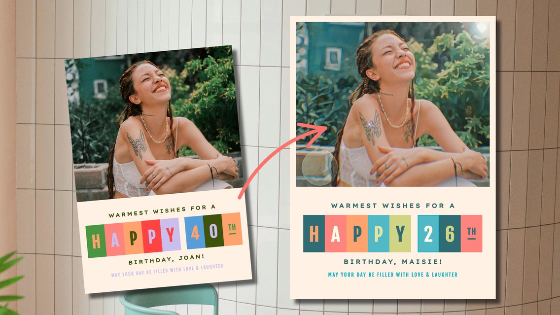 Featured: Before and after results customizing a card with the photo editor