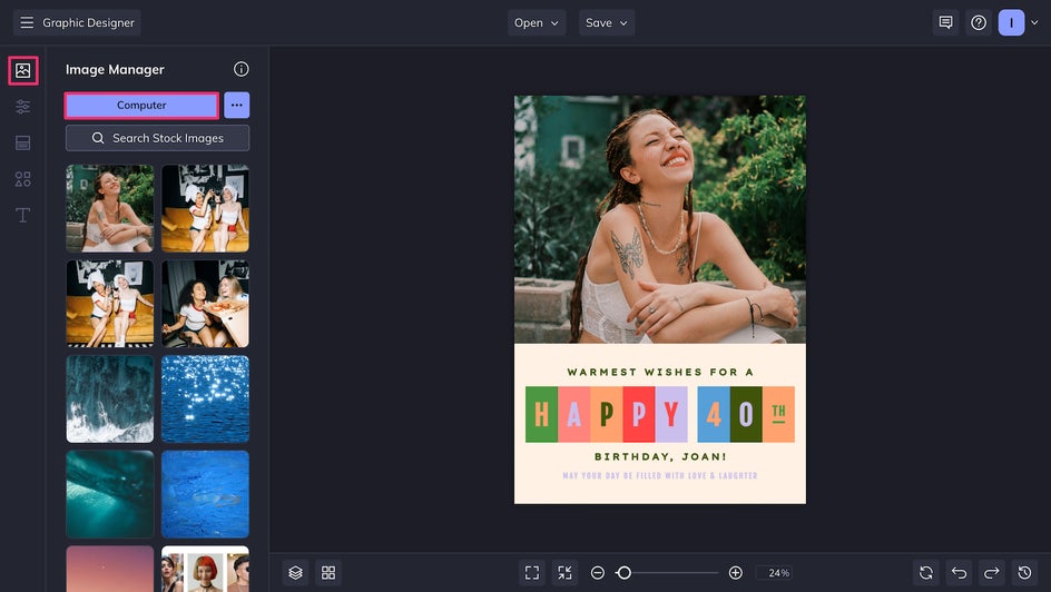 Screenshot of the BeFunky Card Maker interface showing a birthday card template with a placeholder image being replaced by a user-uploaded portrait.