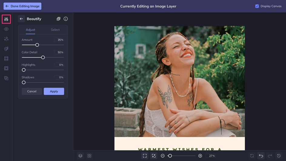 Screenshot of the Photo Editor workspace with adjustment sliders for exposure, brightness, contrast, highlights, and shadows visible alongside a user photo.