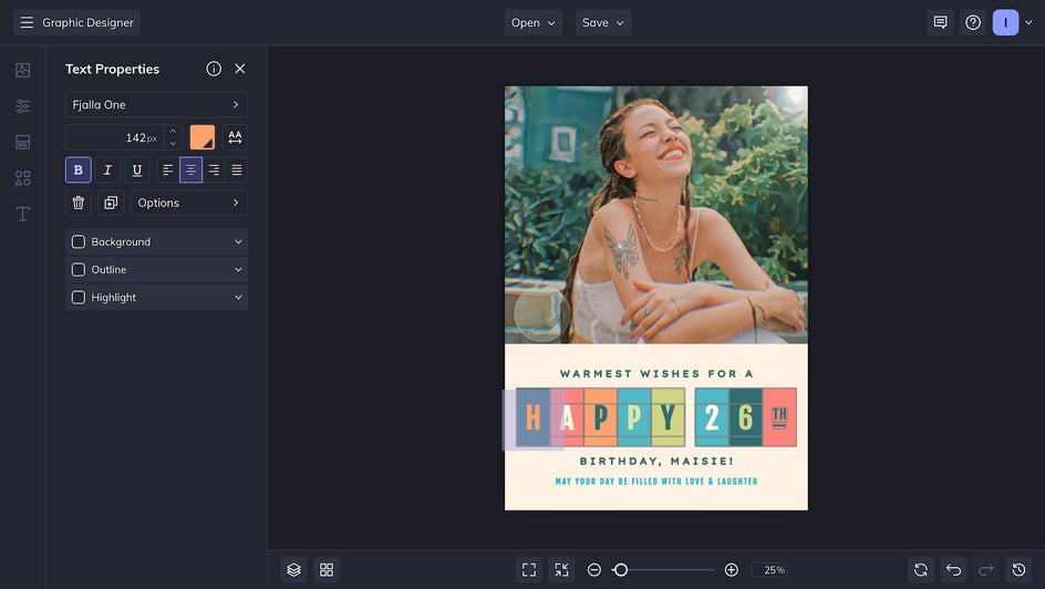 Text properties menu to change details of birthday card.