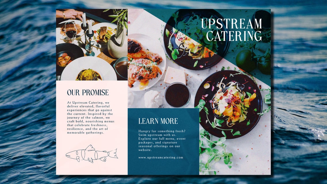 Catering brochure design featuring vibrant dishes edited with BeFunky’s Photo Editor