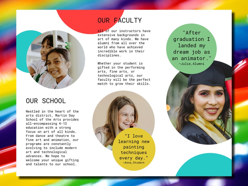 School brochure featuring children smiling and colorful graphics