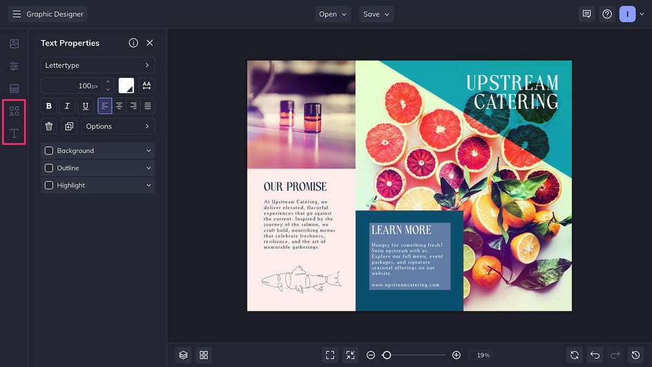 Adjusting colors, graphics, and text of catering brochure