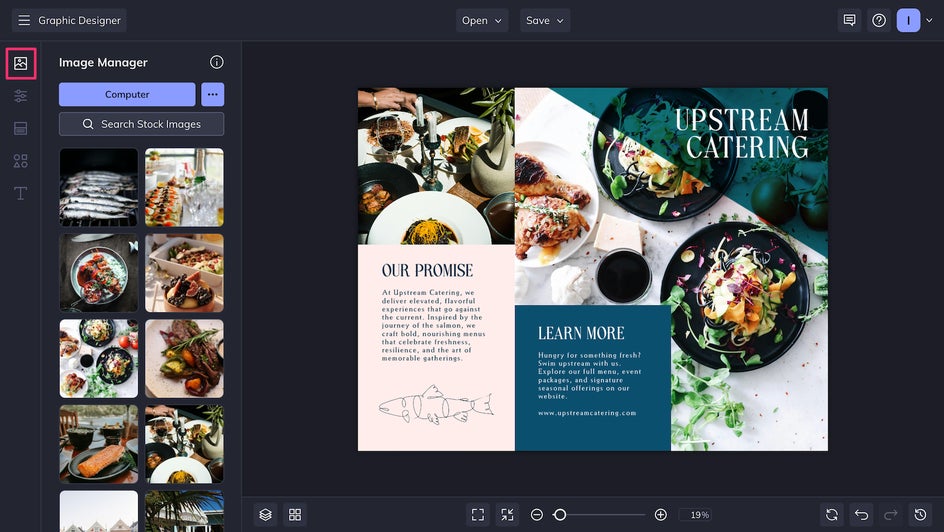 Uploading food images into brochure layout with BeFunky’s Photo Editor for editing