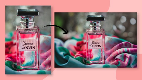 Before and after using expand AI to add space around a perfume photo for better composition