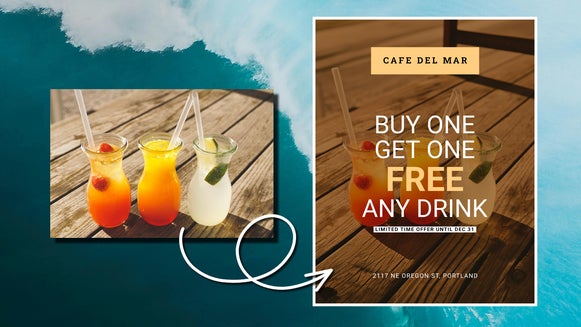 Drink photo expanded using expand AI to fit a cafe promotion graphic with bold text overlay