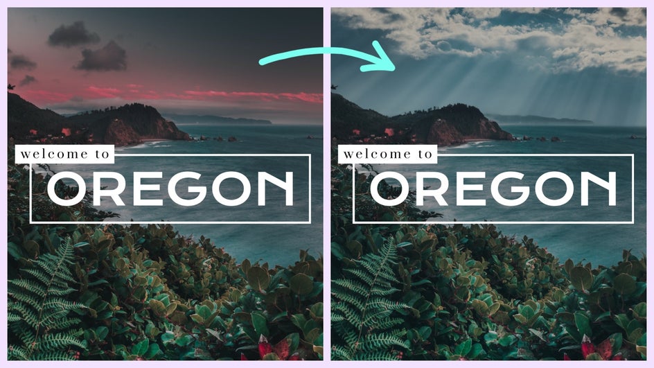 Oregon travel social media ad before and after new sky applied to brighten a cliffside view.