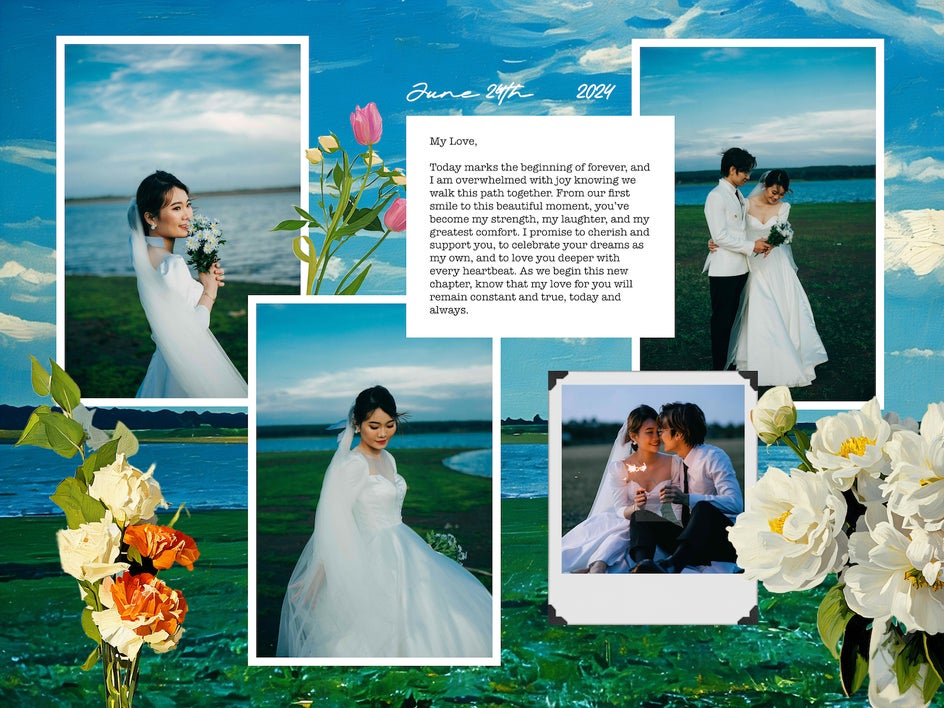 Mixed-media scrapbook collage using watercolor and sketch effects with travel photos and handwritten text overlays