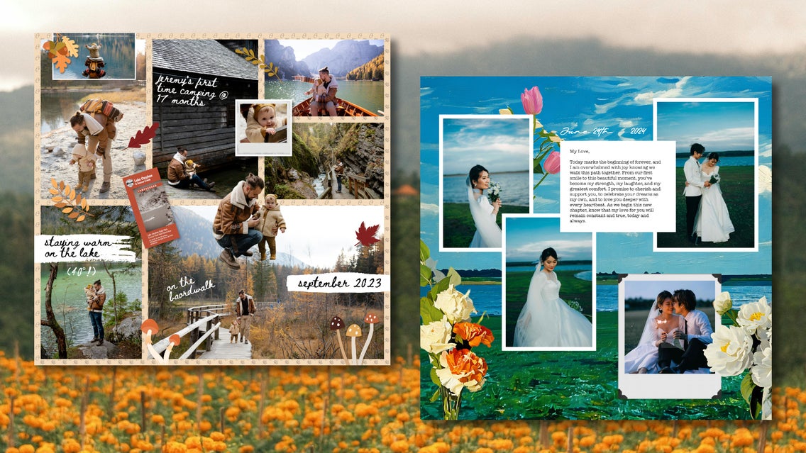 Two-page digital scrapbook collage featuring outdoor travel photos, handwritten text, and decorative elements