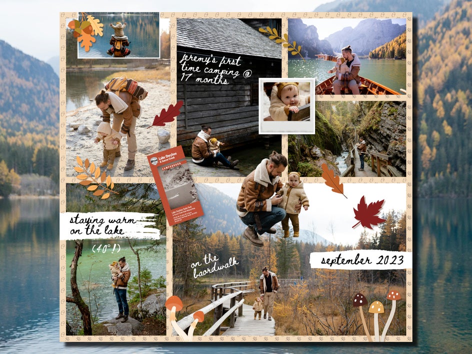 Finished digital scrapbook collage featuring layered graphics, travel photos, and textured paper background