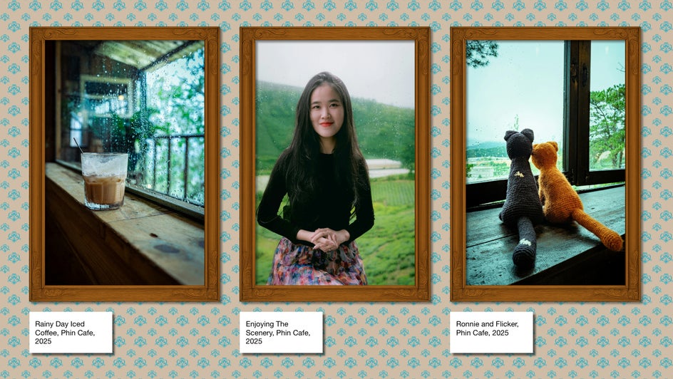 Minimalist scrapbook page with digital photo frames, floral elements, and museum-style captions over wedding photos