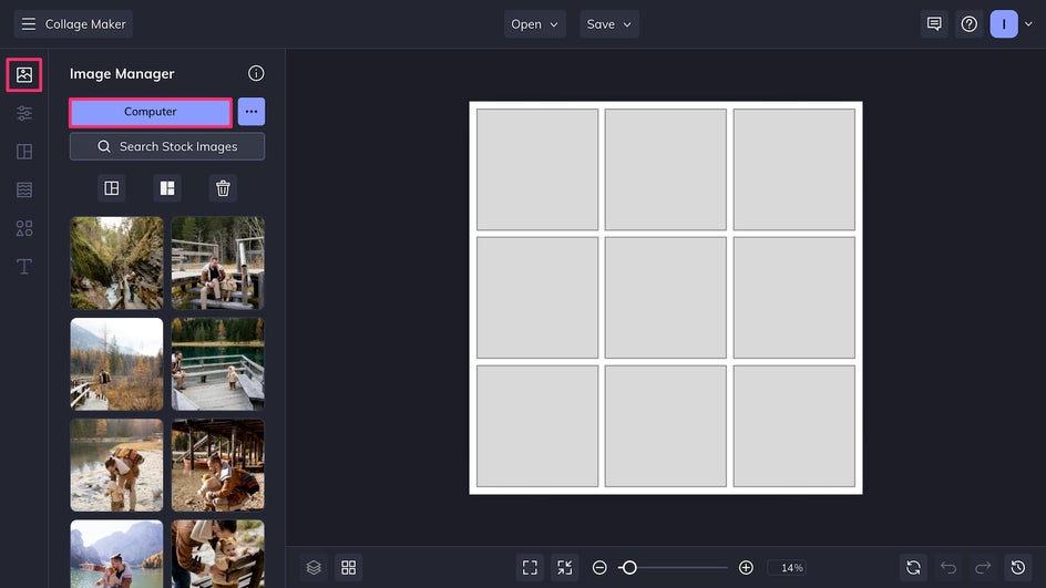 BeFunky Collage Maker with Image Manager open for uploading photos to start a digital scrapbook layout