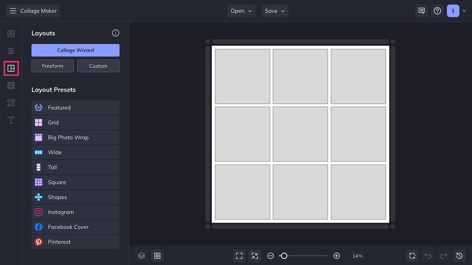 BeFunky Collage Maker open to Layouts tab with empty grid layout and sidebar of uploaded scrapbook photos
