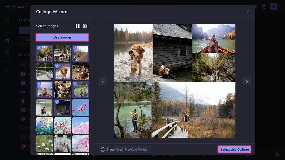 Preview of selected scrapbook photos in BeFunky’s Collage Wizard with “Select this Collage” button visible